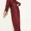 Belted Gathered Pleated Dress Burgundy