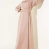 Belted Balloon Sleeve Satin Evening Dress Beige