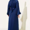Belted Balloon Sleeve Satin Evening Dress Navy Blue بالجملة dress view 3 - Hicabistan مصنع تركيا