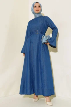Denim Dress with Belt and Pockets