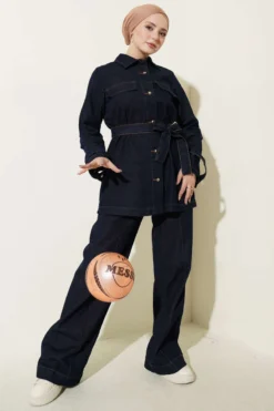 Belted Gold Top Buttoned Denim Two-Piece Set Navy Blue