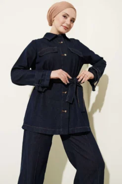 Alternative view of Belted Gold Top Buttoned Denim Two-Piece Set Navy Blue