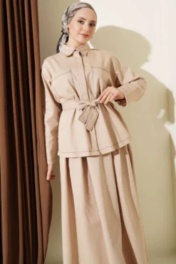 Belted Double Pocket Skirt Set Beige wholesale clothing set view 2 - Hicabistan Turkey factory