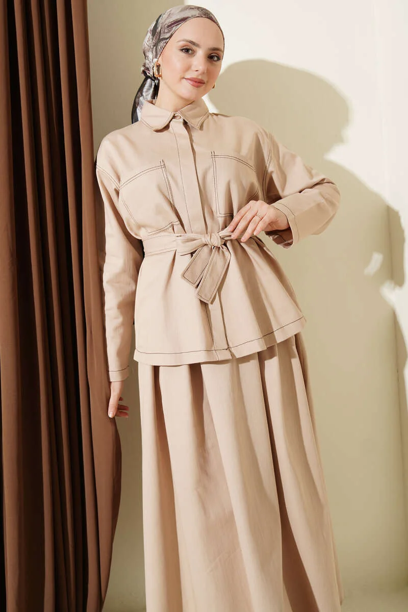 Belted Double Pocket Skirt Set Beige - Image 2
