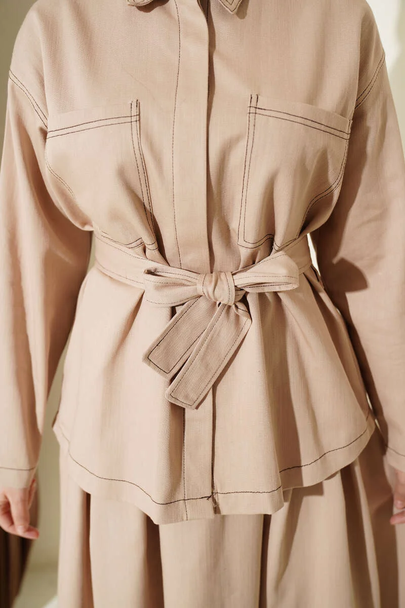 Belted Double Pocket Skirt Set Beige - Image 4