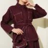 Belted Double Pocket Skirt Set Burgundy wholesale clothing set view 2 - Hicabistan Turkey factory