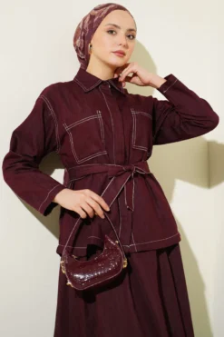 Belted Double Pocket Skirt Set Burgundy wholesale clothing set view 2 - Hicabistan Turkey factory
