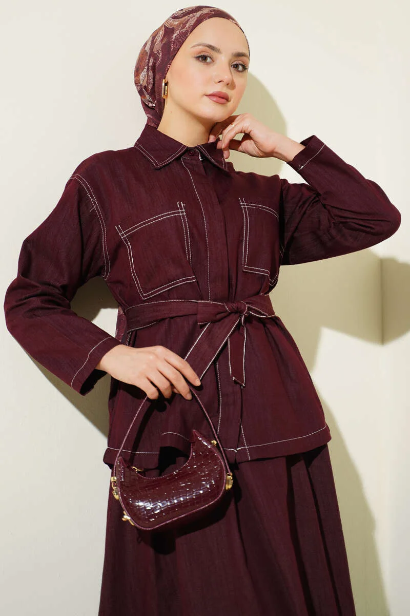 Belted Double Pocket Skirt Set Burgundy wholesale clothing set view 2 - Hicabistan Turkey factory