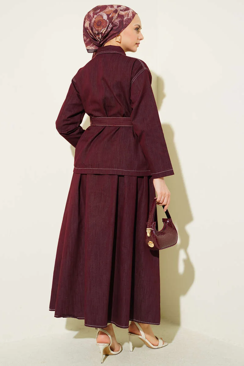 Belted Double Pocket Skirt Set Burgundy wholesale clothing set view 3 - Hicabistan Turkey factory
