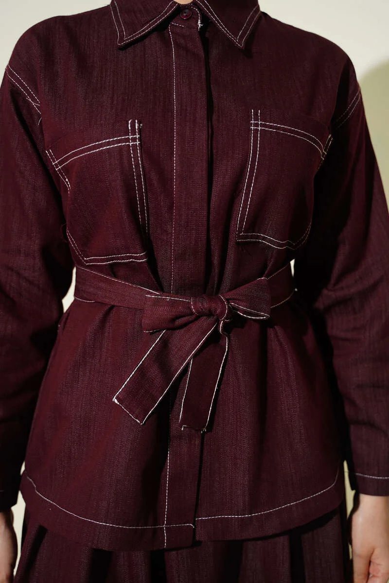 Belted Double Pocket Skirt Set Burgundy wholesale clothing set view 4 - Hicabistan Turkey factory