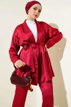 Alternative view of Belted Crinkled Satin Two-Piece Set Burgundy