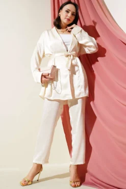 Belted Crinkled Satin Two-Piece Set Ecru