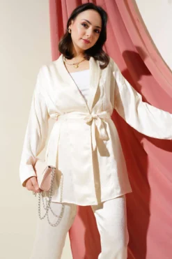 Alternative view of Belted Crinkled Satin Two-Piece Set Ecru