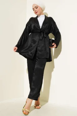 Belted Crinkled Satin Two-Piece Set Black