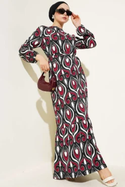 Belted Mixed Pattern Ruffled Dress Burgundy