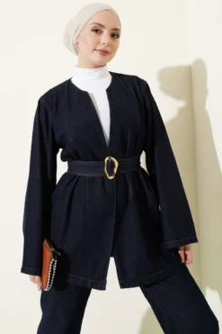 Belted Kimono Denim Two-Piece Set Navy Blue