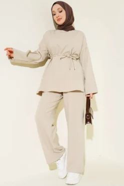 Belted Mini Stone-Studded Two-Piece Set Beige
