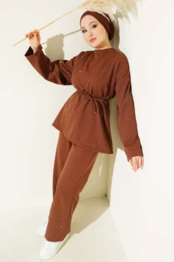 Belted Mini Stone-Studded Two-Piece Set Brown