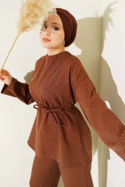 Alternative view of Belted Mini Stone-Studded Two-Piece Set Brown