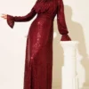 Belted Sequin Detail Evening Dress Burgundy بالجملة dress - Hicabistan مصنع تركيا