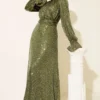 Belted Sequin Detail Evening Dress Khaki بالجملة dress - Hicabistan مصنع تركيا