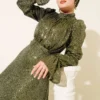 Belted Sequin Detail Evening Dress Khaki wholesale dress view 2 - Hicabistan Turkey factory