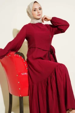Button Detail Tie Dress Burgundy بالجملة dress view 2 - Hicabistan مصنع تركيا
