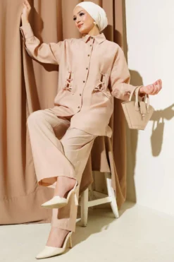 Bird Eye Detail Tunic Two-Piece Set Camel wholesale clothing set - Hicabistan Turkey factory