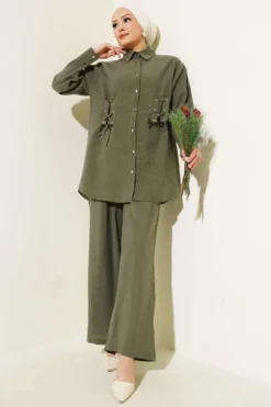 Bird Eye Detail Tunic Two-Piece Set Khaki wholesale clothing set - Hicabistan Turkey factory