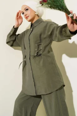 Bird Eye Detail Tunic Two-Piece Set Khaki wholesale clothing set view 2 - Hicabistan Turkey factory