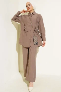 Bird Eye Detail Tunic Two-Piece Set Mink wholesale clothing set - Hicabistan Turkey factory