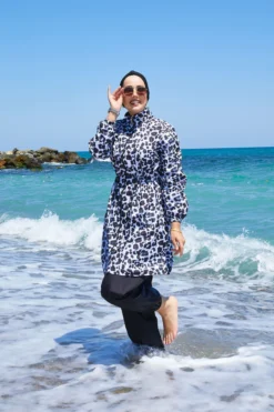 Leopard High-Waisted Modest Swimsuit Black