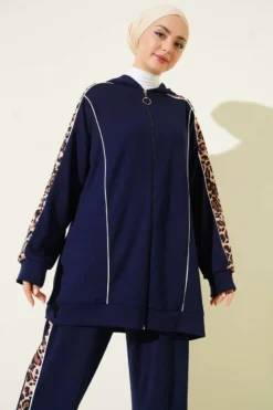Leopard Print Hooded Two-Piece Set Navy Blue wholesale clothing set view 2 - Hicabistan Turkey factory