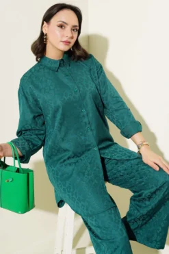 Leopard Pattern Jacquard Two-Piece Set Green wholesale clothing set view 2 - Hicabistan Turkey factory