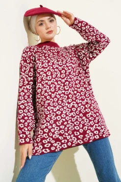 Leopard Print Knit Tunic Burgundy