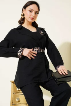 Alternative view of Leopard Detail Belted Two-Piece Set Black