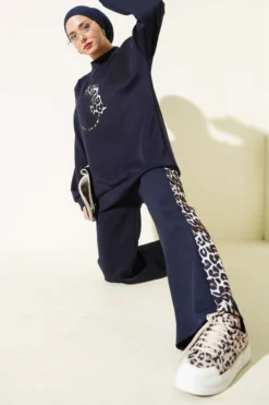 Leopard Print Scuba Two-Piece Set Navy Blue