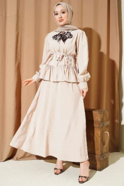 Leopard Scarf Modal Skirt Set Beige all'ingrosso clothing set view 2 - Hicabistan fabbrica Turchia