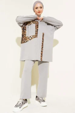Leopard Trim Zipper Pocket Two-Piece Set Grey wholesale clothing set - Hicabistan Turkey factory