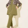 Leopard Trim Cardigan Set Khaki