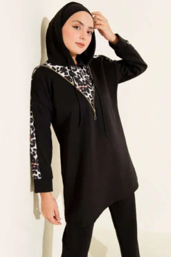 Alternative view of Leopard Trim Hooded Two-Piece Set Black