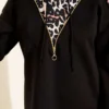 Leopard Trim Hooded Two-Piece Set Black all'ingrosso clothing set view 4 - Hicabistan fabbrica Turchia