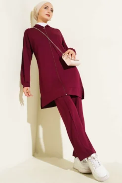 Loysha Basic Hooded Two-Piece Set Burgundy