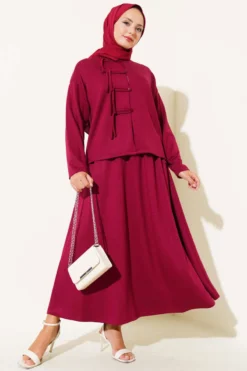 Loyşa Brit Buttoned Skirted Two-Piece Set Burgundy wholesale clothing set view 2 - Hicabistan Turkey factory