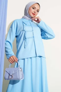 Loyşa Brit Buttoned Skirted Two-Piece Set Blue wholesale clothing set view 2 - Hicabistan Turkey factory