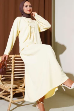 Loyşa Brit Buttoned Skirted Two-Piece Set Yellow wholesale clothing set view 2 - Hicabistan Turkey factory