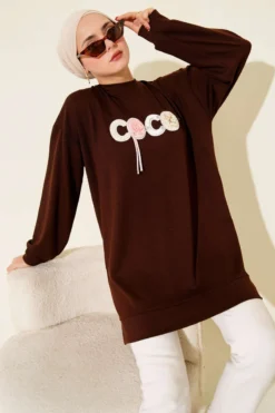 Loyşa Coco Letter Embellished Tunic Brown