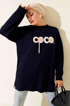 Loyşa Coco Letter Embellished Tunic Navy Blue