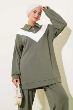 Zipped V Stripe Two-Piece Set بالجملة clothing set view 2 - Hicabistan مصنع تركيا