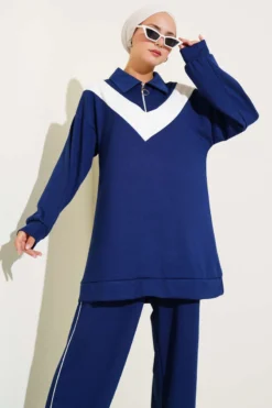 Zipped V Stripe Two-Piece Set Navy Blue بالجملة clothing set view 2 - Hicabistan مصنع تركيا